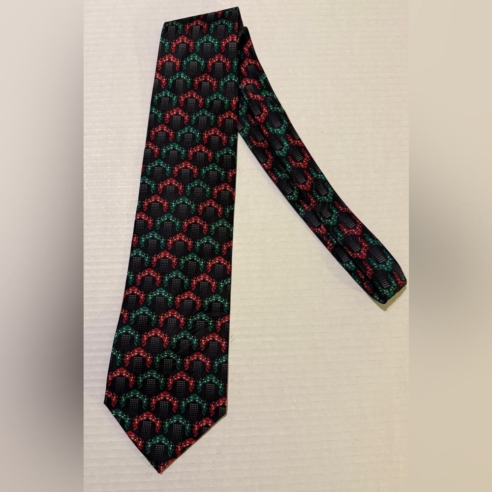 Lord & Taylor Mens RARE Black Red & Green Christmas Garland Silk Necktie